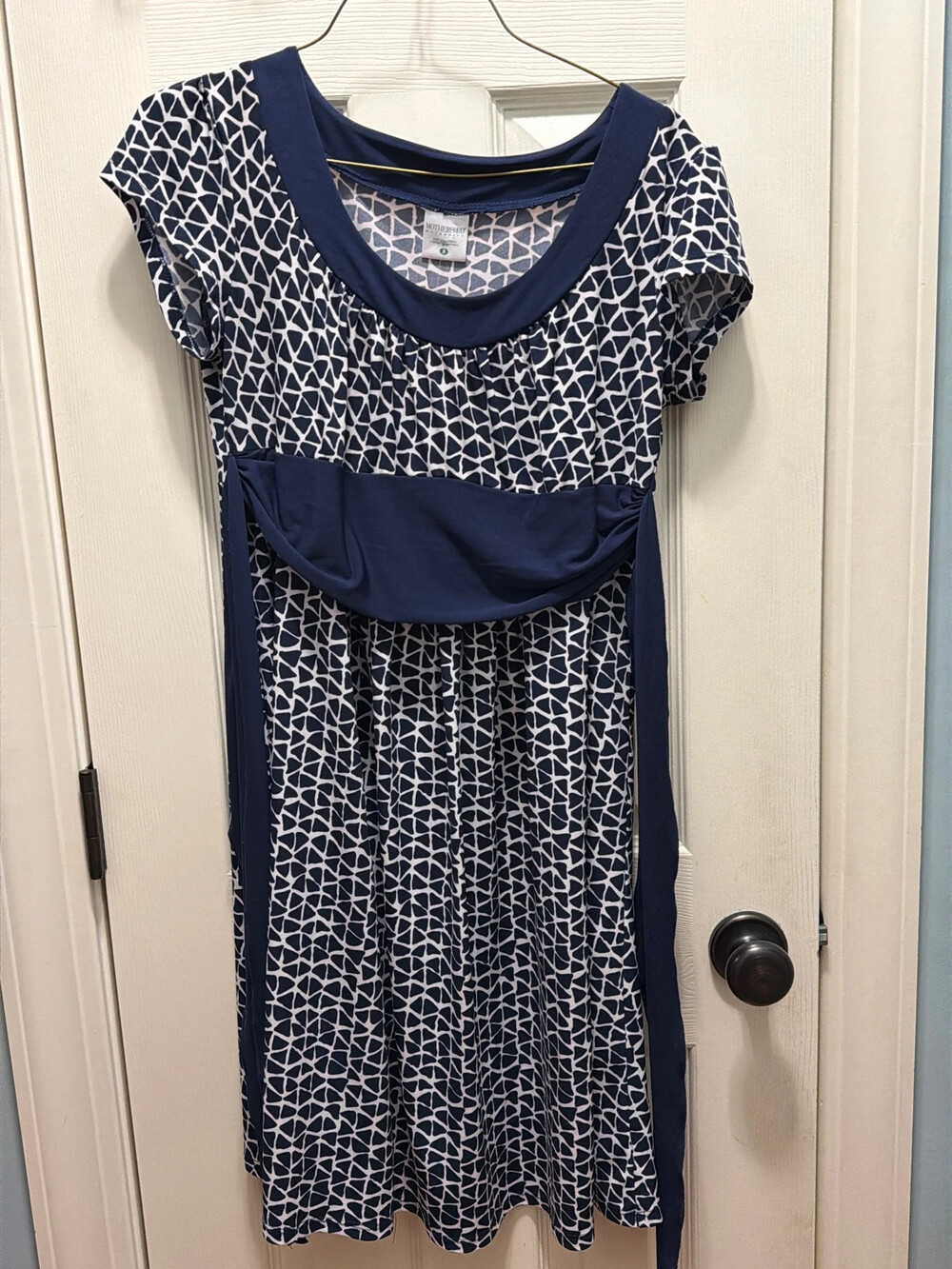 Motherhood Maternity Dress Navy White Geometric Pattern Tie Waist Short Sleeve S